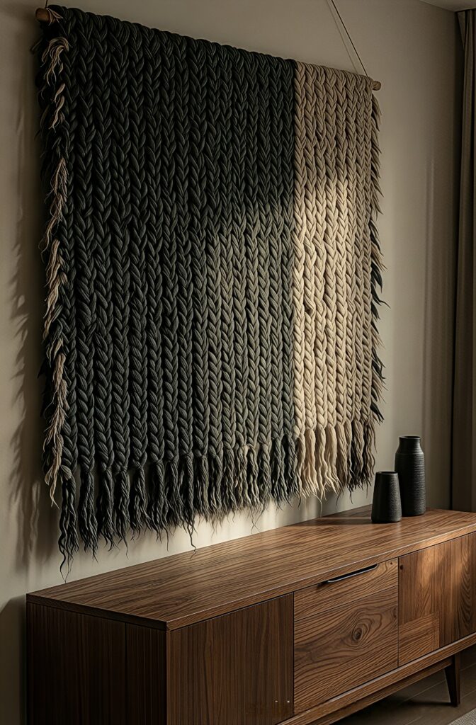 A large hand-woven wool tapestry adding texture and warmth to a Japandi living room.