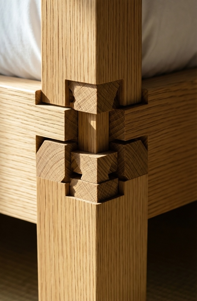 Macro detail of interlocking traditional Japanese wood joinery on an oak bed frame.