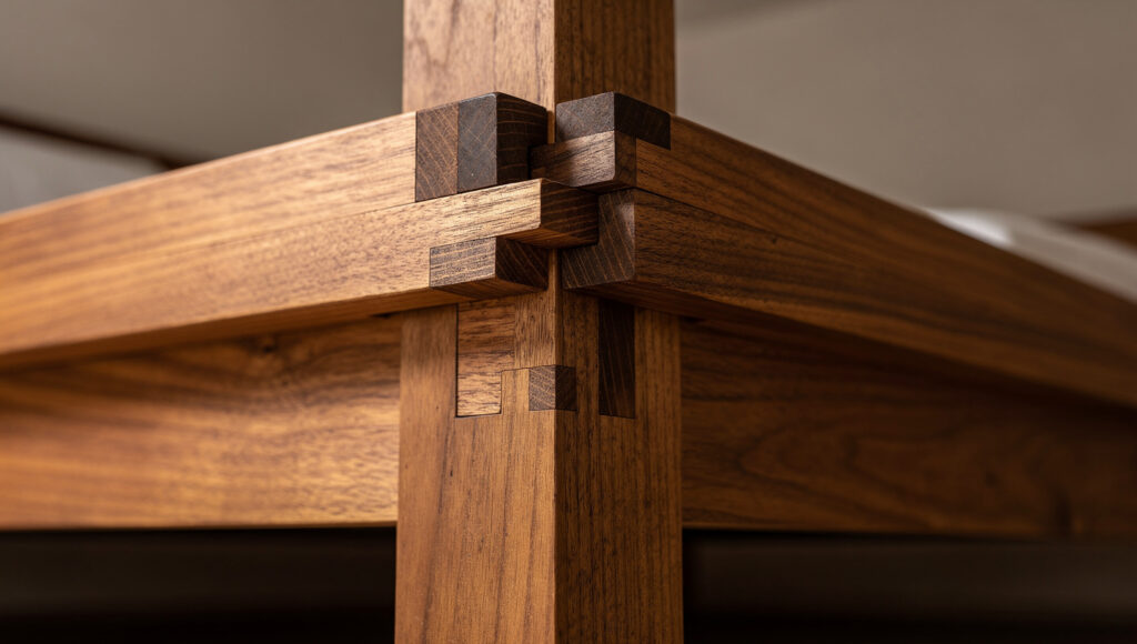 A macro detail of traditional kigumi wood joinery at a walnut bed frame corner showing precisely cut interlocking tenon and mortise joints with zero visible gap and no metal screws, nails, or brackets, the warm wood grain running consistently through each interlocking piece