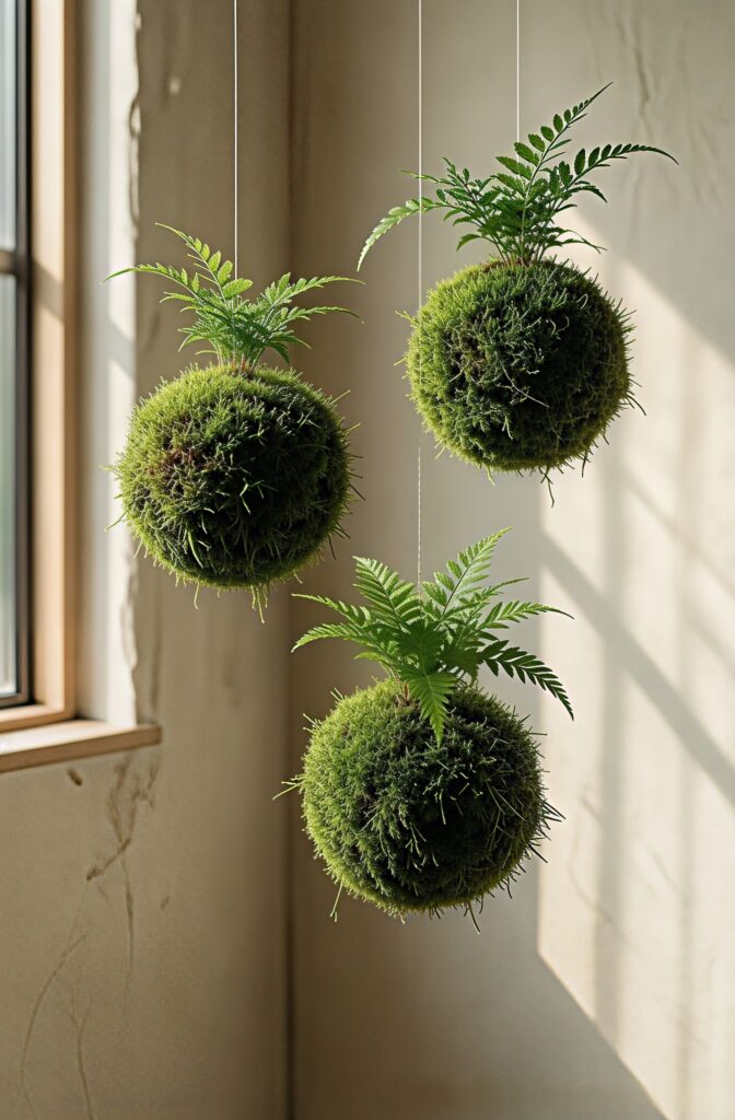 Three hanging Kokedama moss balls in a minimalist Japandi living room corner