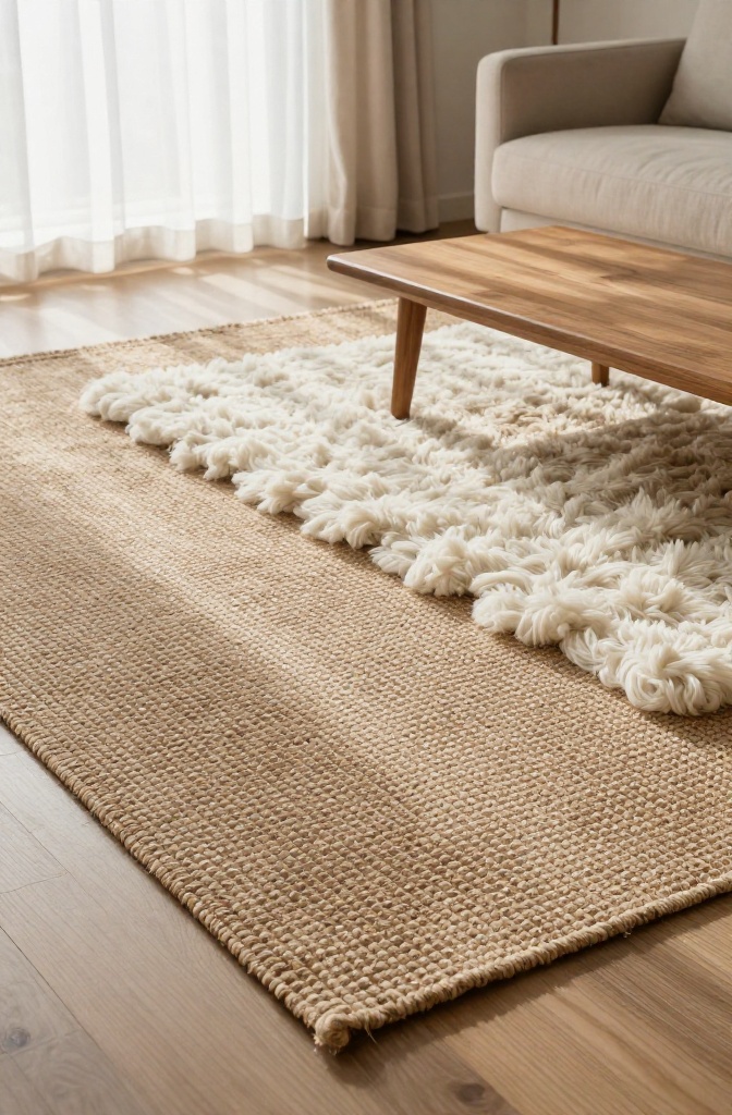 A jute base rug layered with a smaller wool rug in a Japandi living room.