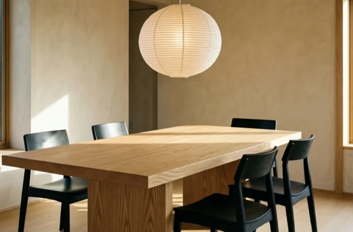 A minimal Japandi dining room featuring a light oak table, black dining chairs, and a paper pendant.