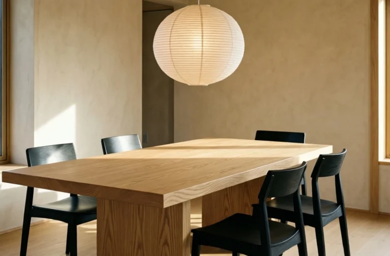 A minimal Japandi dining room featuring a light oak table, black dining chairs, and a paper pendant.