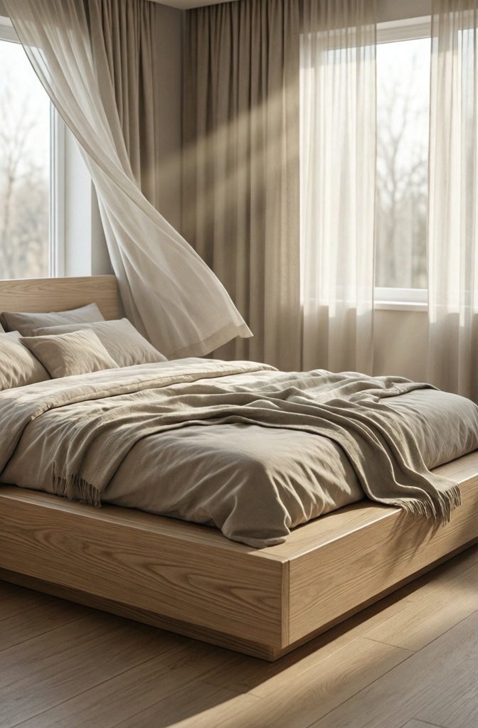 A light oak platform bed with oatmeal linen bedding in a bright Japandi room.