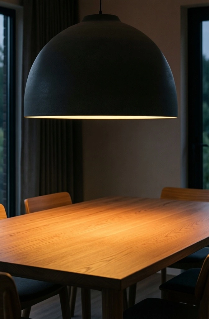 A matte ceramic pendant light hanging low over a Japandi dining table, emitting a warm glow.