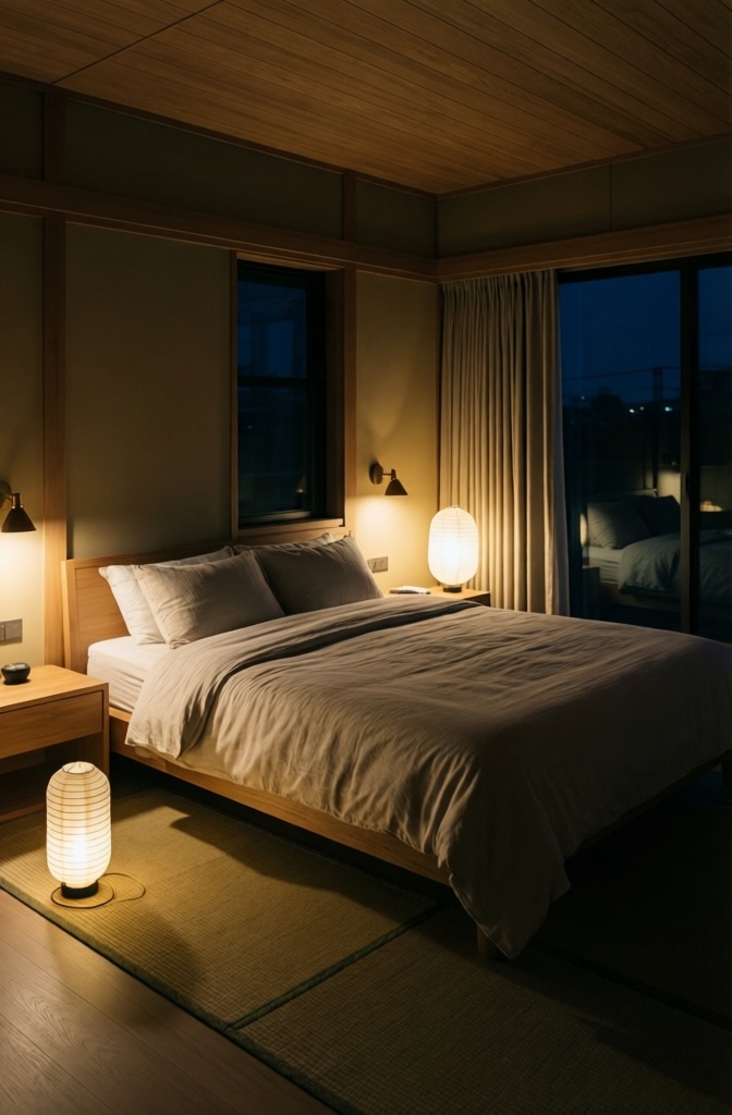 A Japandi bedroom lit entirely by low-level, warm lighting, keeping the ceiling in shadow.