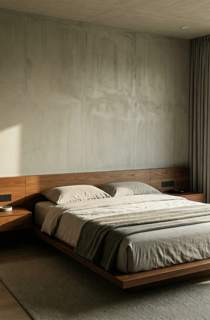 A complete Japandi bedroom layout demonstrating a low, calming horizontal visual line.
