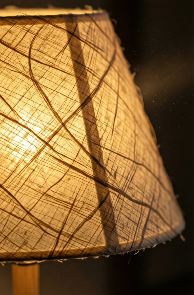 Close-up detail of the textured, fibrous Washi paper on an illuminated Japandi lamp.