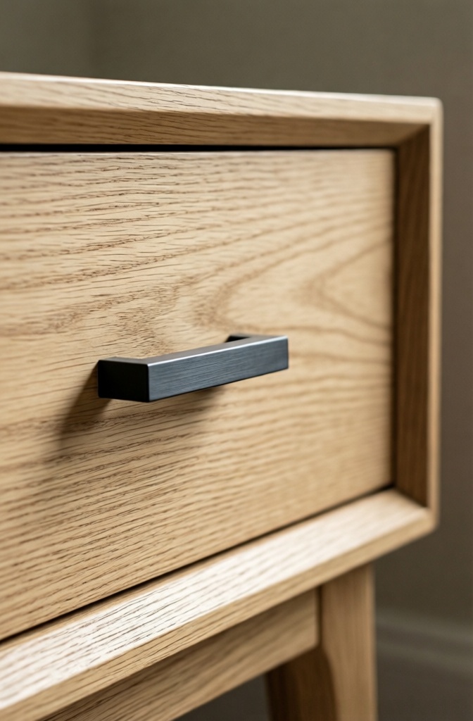 Light oak nightstand drawer with thin matte black hardware
