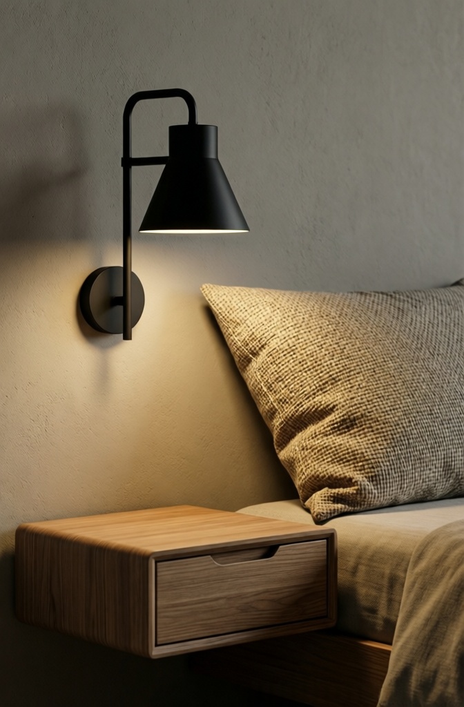 A sleek matte black architectural reading sconce mounted in a Japandi bedroom.