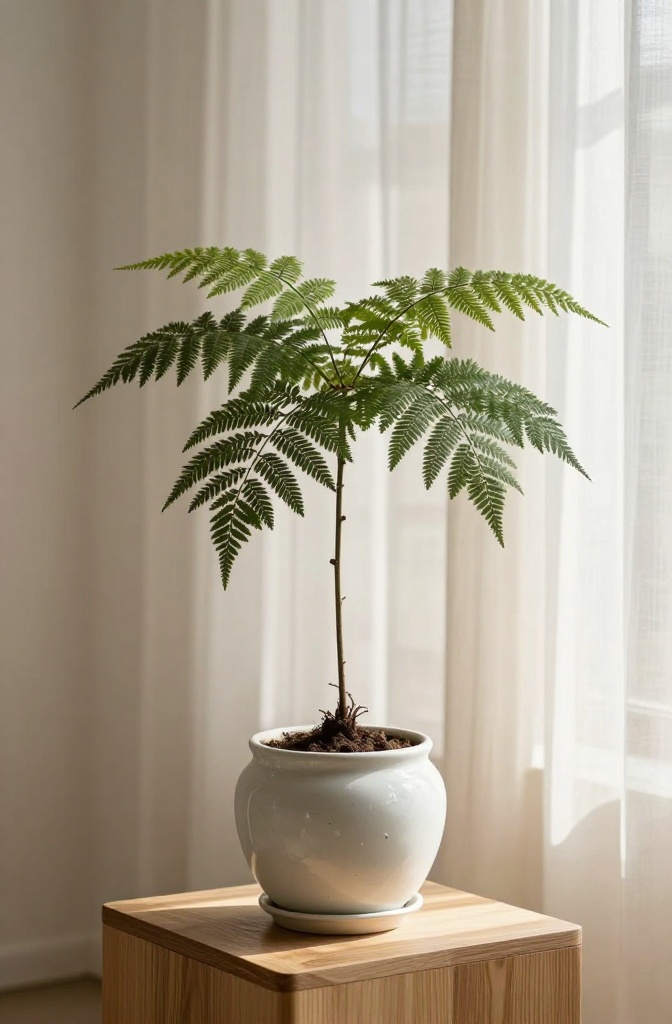 A delicate Ming Aralia tree with fine foliage in a white ceramic pot.