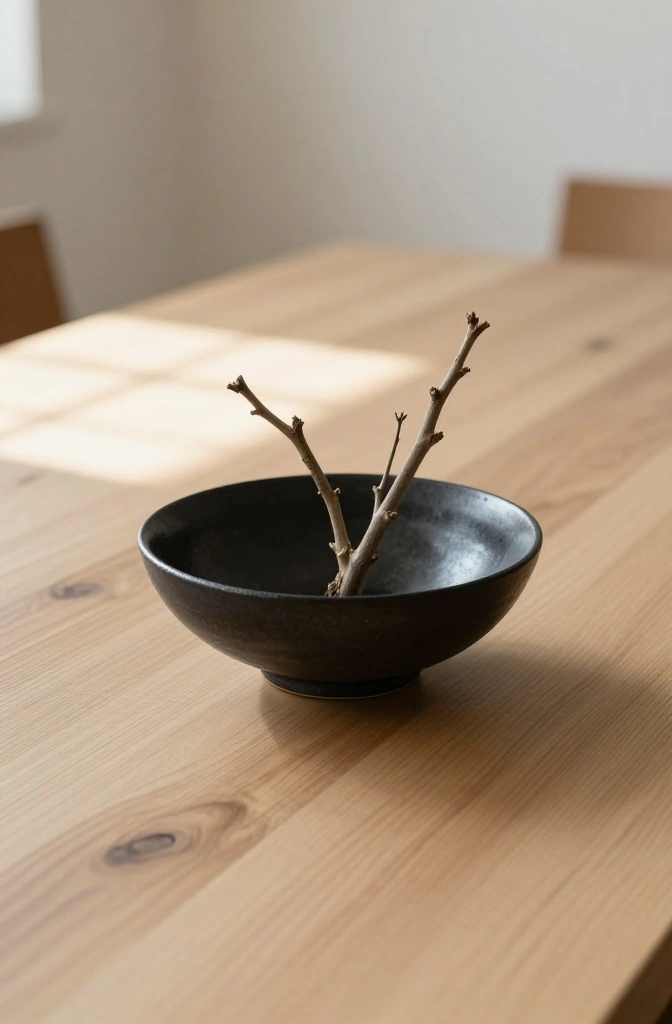 A minimalist Ikebana branch arrangement in a ceramic bowl on a bare dining table.