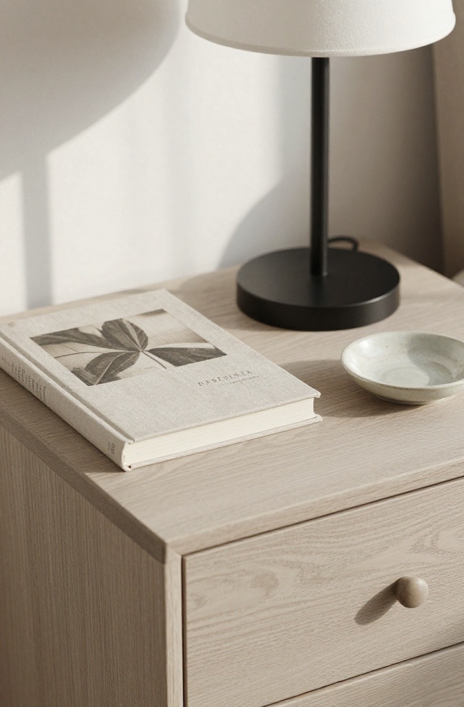 Minimalist styling on a light ash nightstand featuring the Rule of Three.