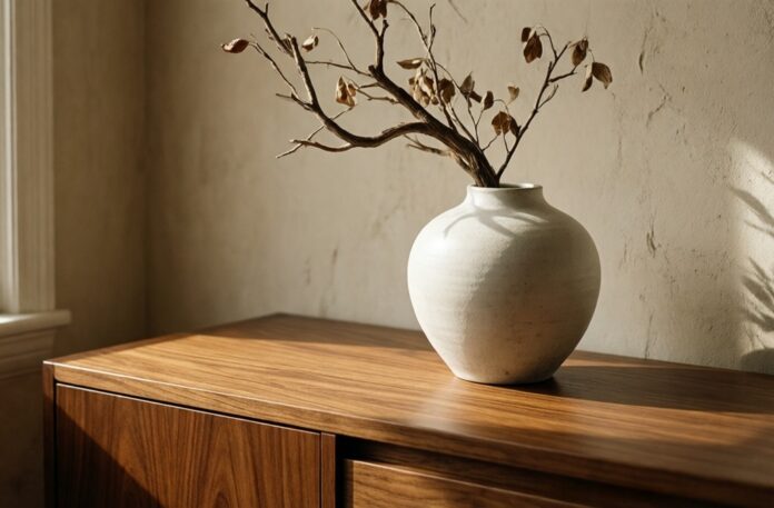 minimalist-zen-bedroom-dresser-decor A minimalist walnut dresser top styled with a single Wabi-Sabi ceramic vase in a Zen bedroom.
