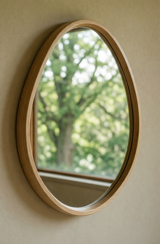 An organic pebble-shaped mirror reflecting nature in a Japandi living room.