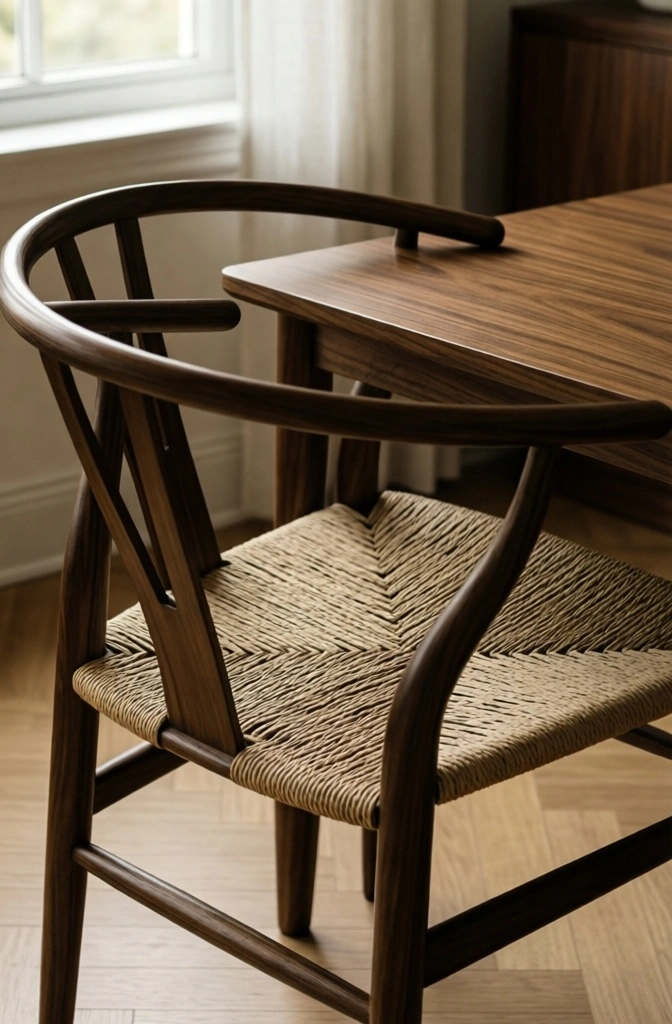 A dining chair with a woven paper cord seat pushed under a dark walnut table