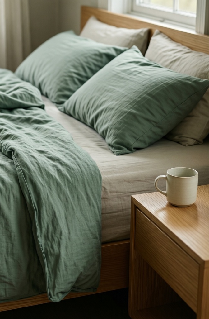 A Japandi bedding combination featuring a sage green duvet and sand-colored sheets.