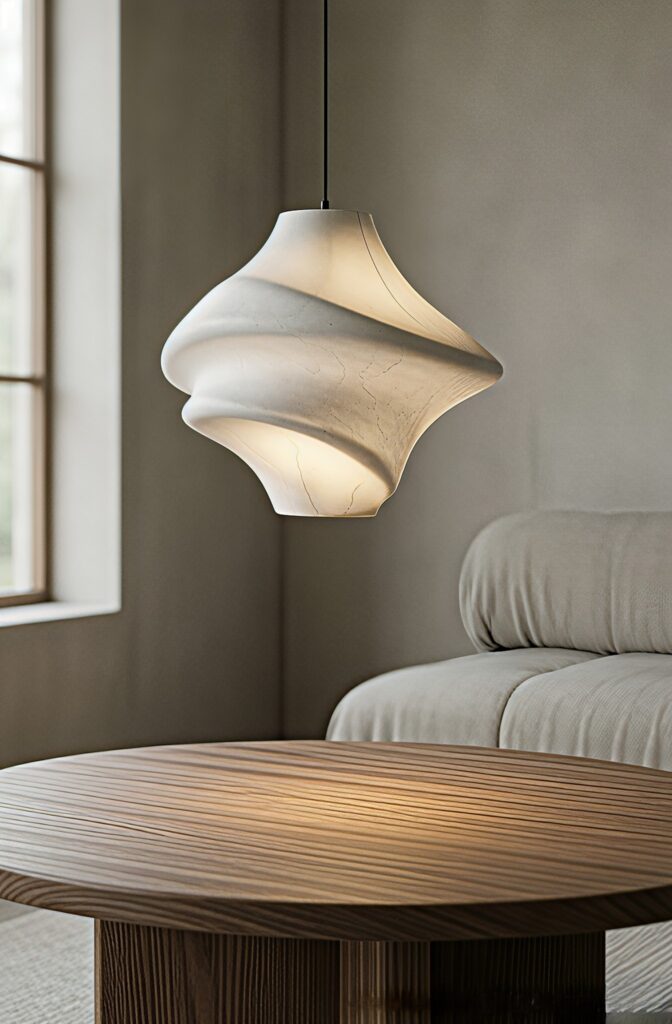 An organic, biomorphic pendant light hanging in a minimalist Japandi living room.