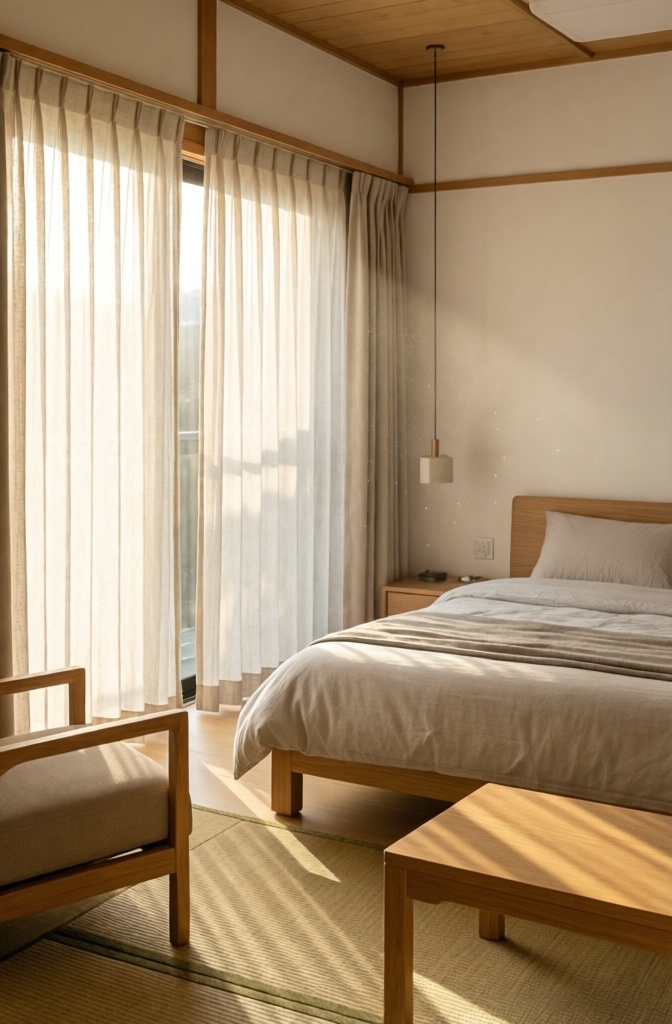 Soft morning sunlight heavily diffused through sheer unbleached linen curtains