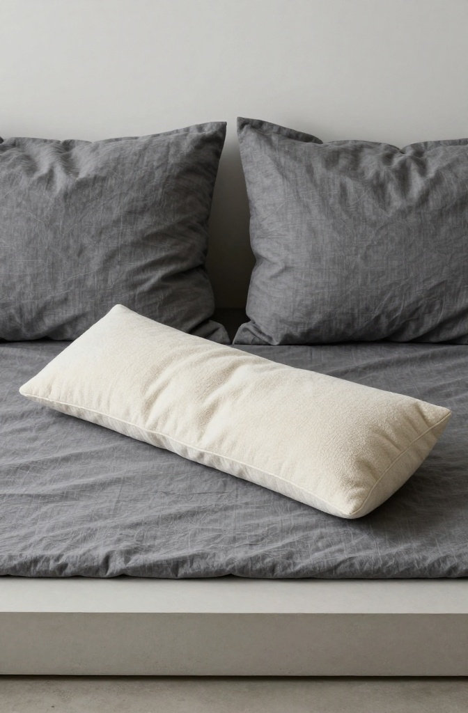 A single cream bouclé lumbar pillow styled on a minimalist Japandi bed.