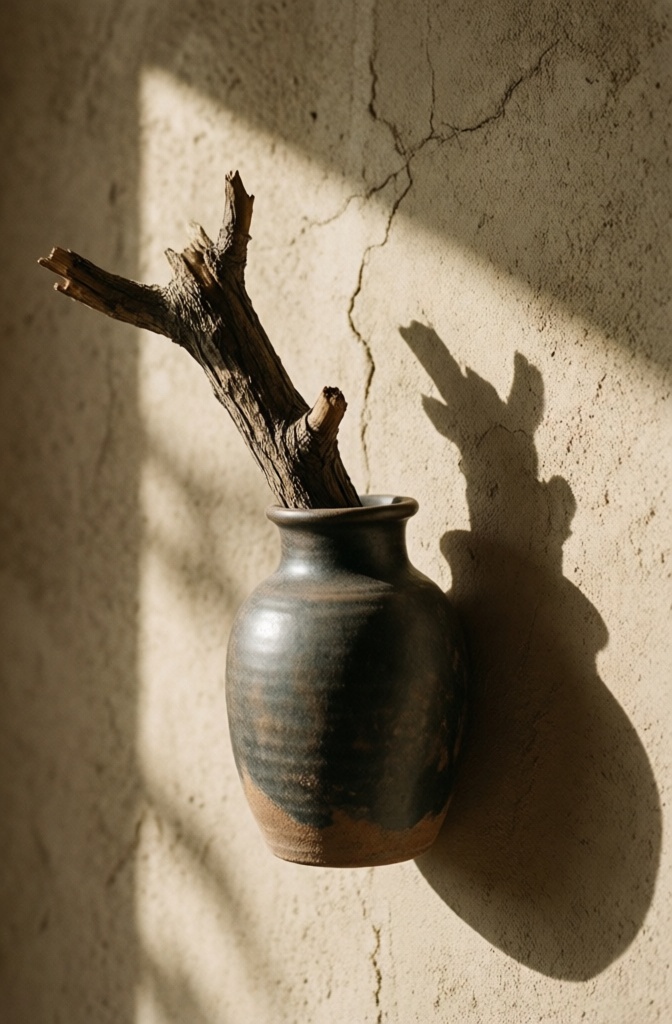 A single charred oak branch in a wall-mounted clay vase on a textured Japandi wall.