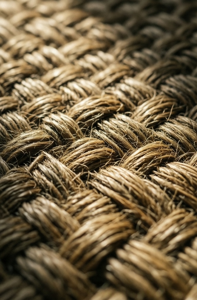Macro close-up of the natural, tight weave of a sisal area rug.