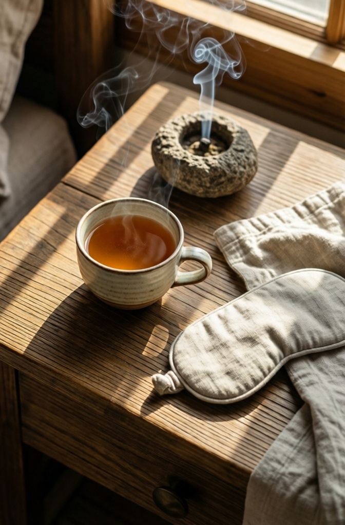A styled Japandi nightstand prepared for a peaceful, screen-free morning ritual