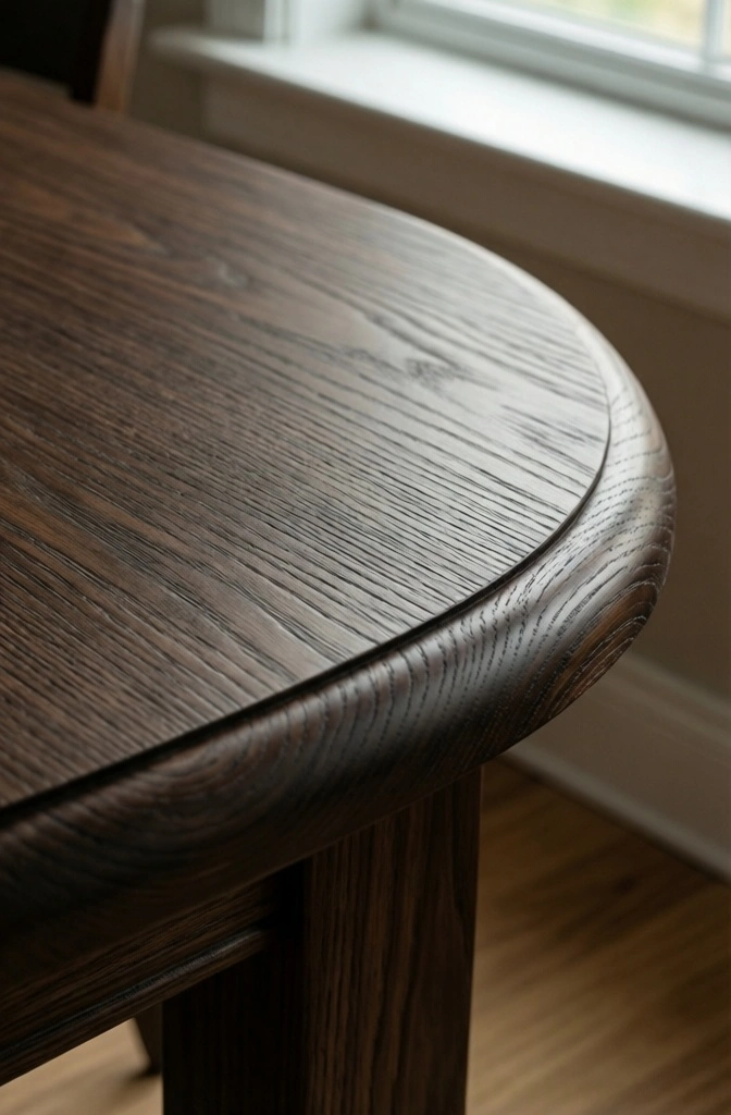 Close-up detail of the matte, oiled wood grain on a solid walnut Japandi dining table.
