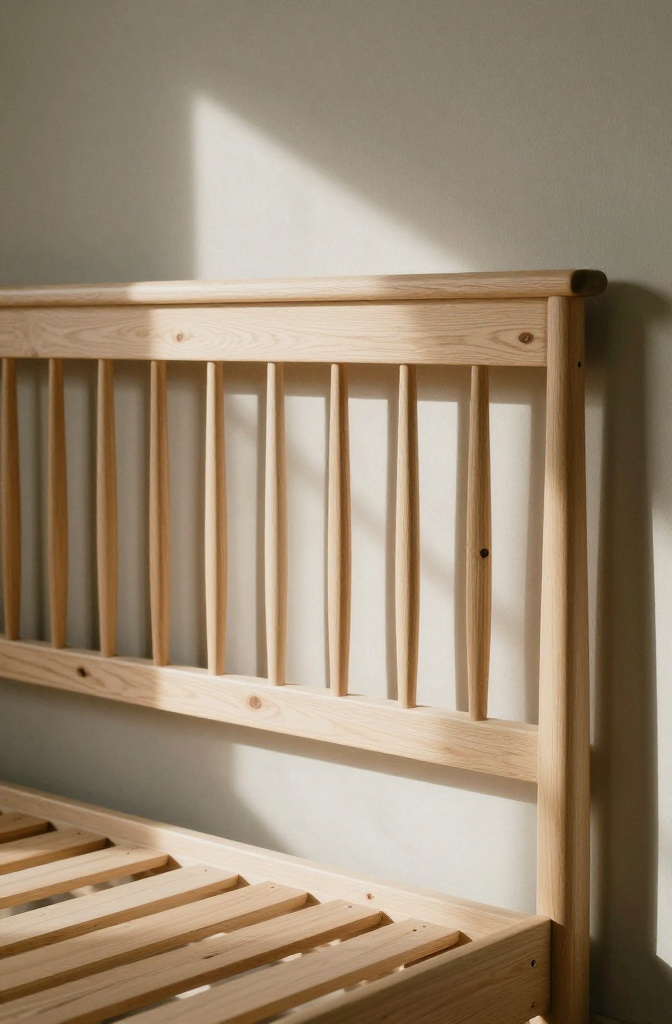 Close-up of a light ash wood spindle headboard casting linear shadows.