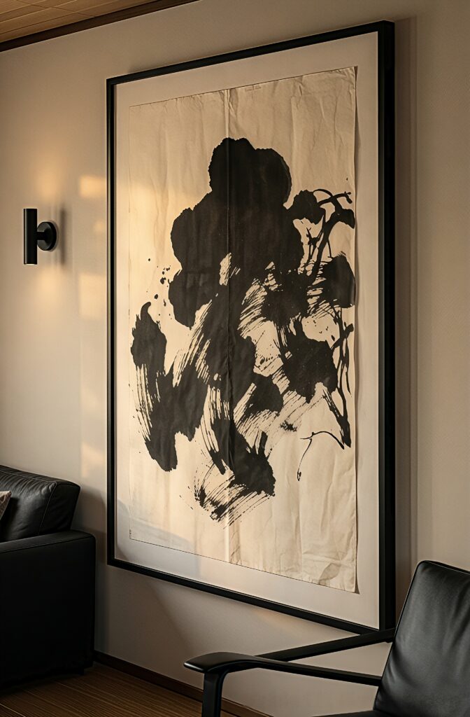 A large Sumi-e black ink wash painting framed on a Japandi living room wall.