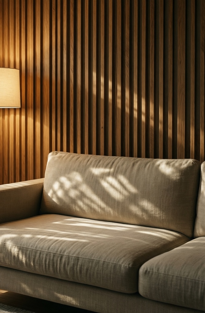 Sustainable vertical oak wood slats used as a decorative feature in a Japandi living room.