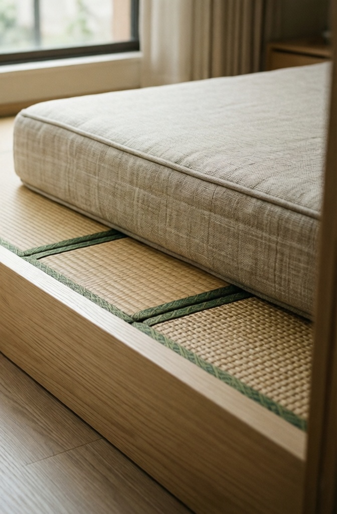 A low Japandi platform bed featuring authentic woven Tatami mat inserts under the mattress.