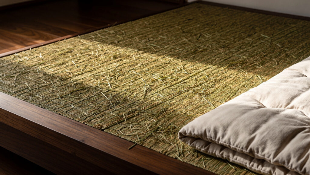 A close-up of natural woven tatami mat material made from rush grass set within a low dark walnut platform bed frame, the tight parallel weave pattern and warm tan-green tone of the rush grass clearly visible with a thin futon mattress partially pulled back at one corner