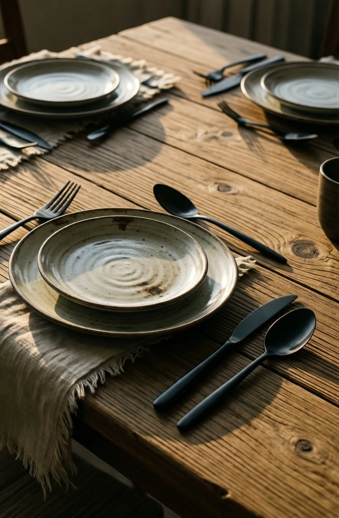 A beautifully set Japandi dining table featuring raw linen napkins, handmade ceramics, and matte flatware.