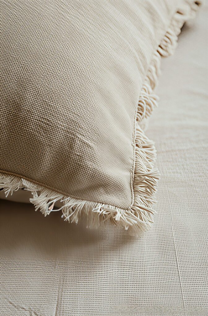 Macro close-up of a raw, frayed edge on a stone-colored linen pillowcase.