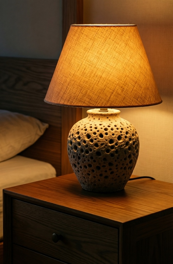 A ceramic table lamp emitting a warm 2700K amber light on a walnut dresser.