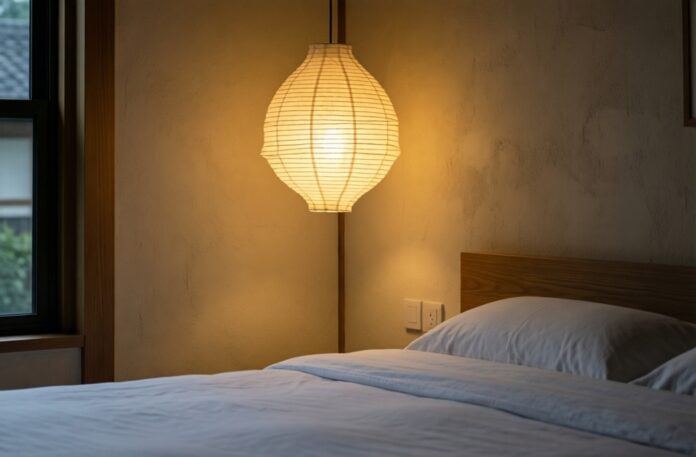 washi-paper-pendant-light-japandi-bedroom An oversized Washi paper pendant light glowing warmly in a minimalist Japandi bedroom.