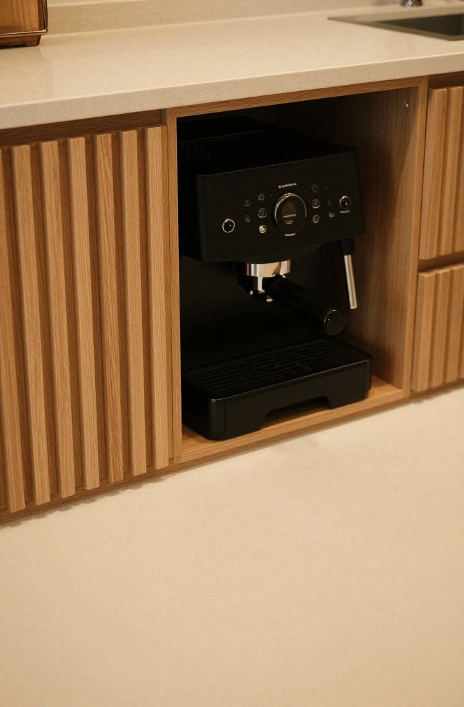 A slatted wood appliance garage hiding a coffee maker in a minimalist kitchen.