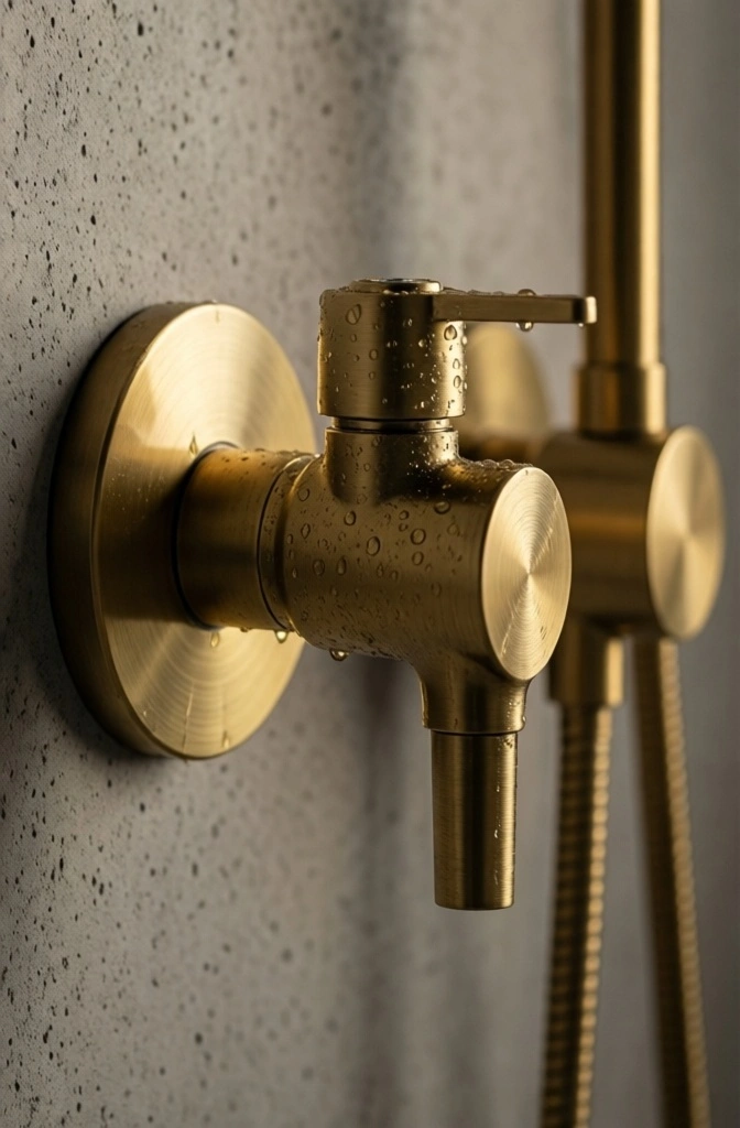 Close-up of matte brass shower hardware against a micro-cement wall.