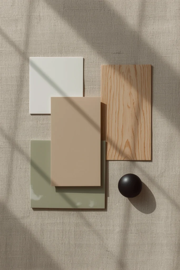 The complete 2026 Japandi color palette flat lay: warm off-white, greige, white oak wood, muted sage green ceramic, and matte black hardware on raw linen