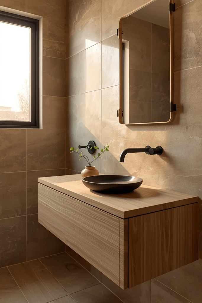 A Japandi bathroom with a white oak floating vanity, warm greige stone-look matte tiles, matte black fixtures, and soft morning light — a biophilic spa-like palette
