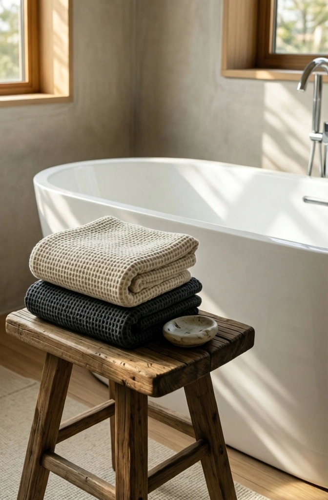 Waffle-knit linen towels and a ceramic soap dish resting on a wooden stool next to a freestanding tub.