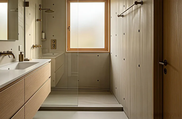 A wide view of a modern Japandi bathroom featuring seamless micro-cement walls and a floating oak vanity.
