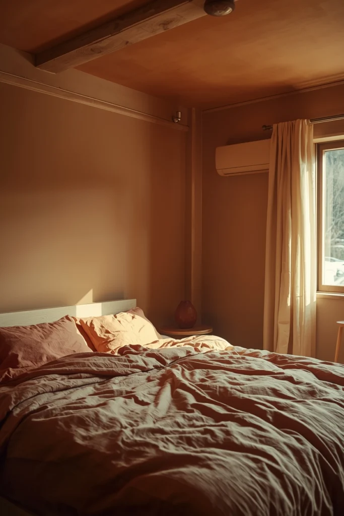 A Japandi bedroom using color drenching with walls, ceiling, and trim in the same warm mushroom tone, undyed linen bedding, and a white oak low-profile bed frame