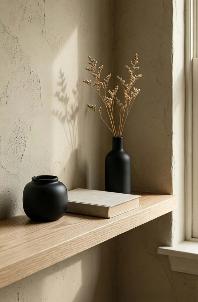 Detail shot of a greige limewash plaster wall with a white oak shelf, matte black ceramics, and dried botanicals in a Japandi office