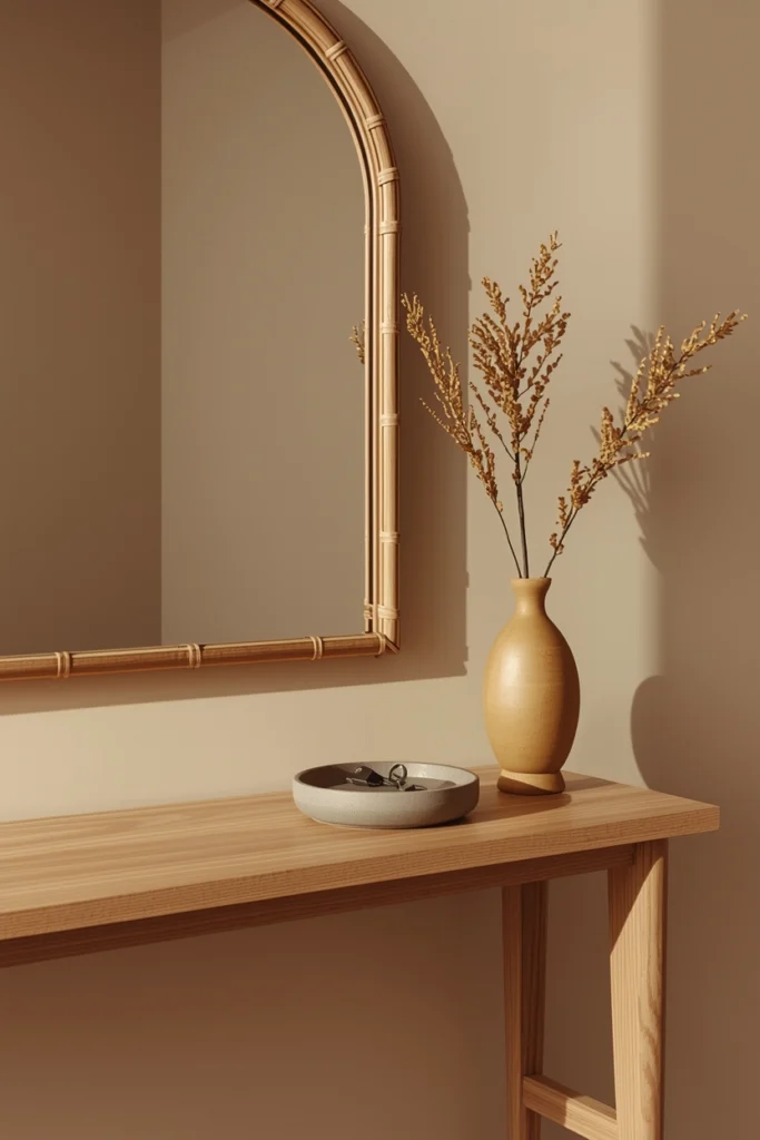 A Japandi console and mirror arrangement — slim white oak console with a ceramic tray and dried stem, topped by a narrower natural rattan arch mirror with 6 inches of warm greige wall visible between them