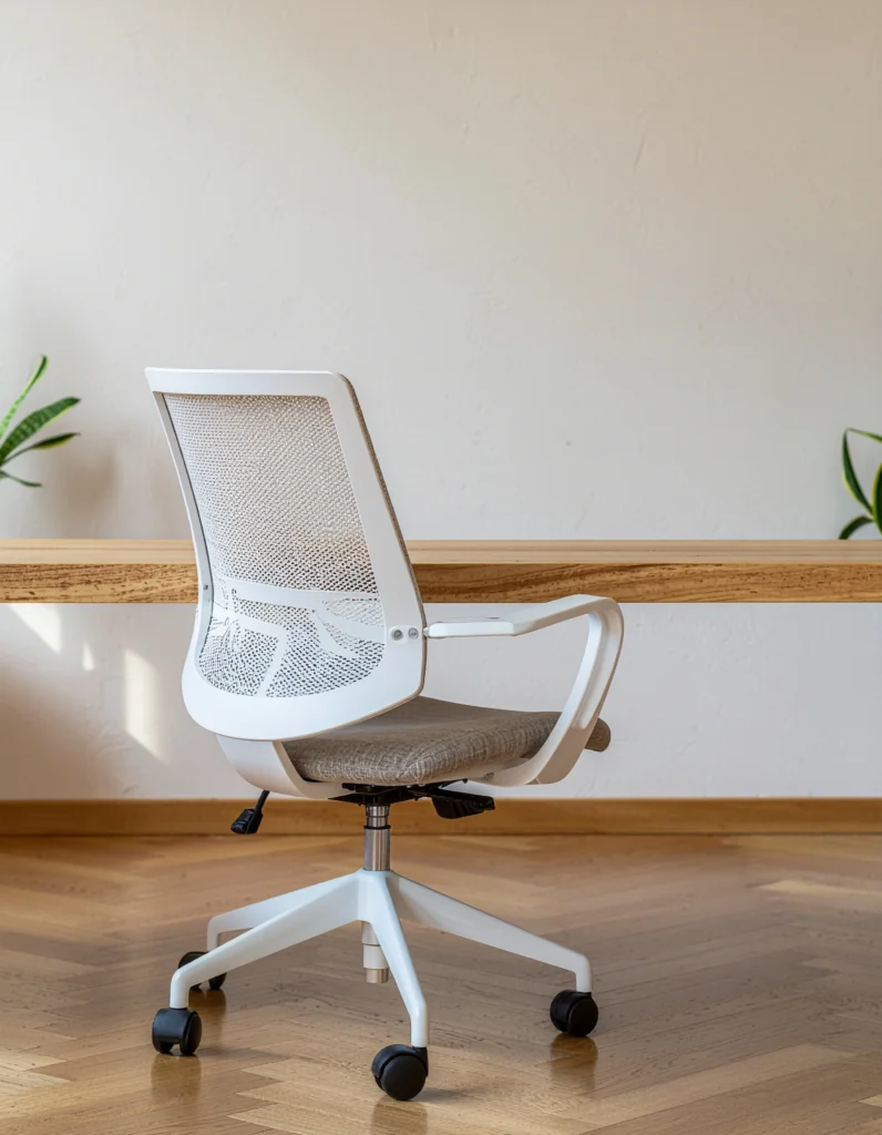Ergonomic office chair in warm stone grey positioned at an oak Japandi desk with limewash plaster walls