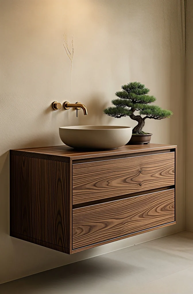 A minimalist floating walnut vanity with a stone vessel sink and brass wall-mounted faucet in a Japandi bathroom.