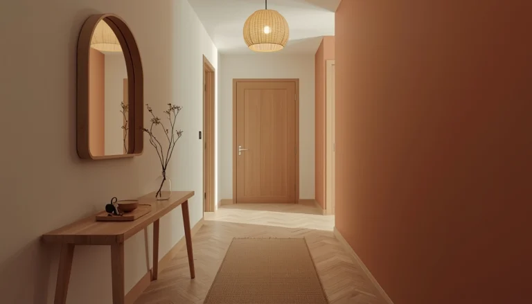 A complete Japandi hallway with a slim white oak console, natural rattan mirror, washi paper pendant light, and warm greige limewash walls with a clear jute runner on herringbone flooring