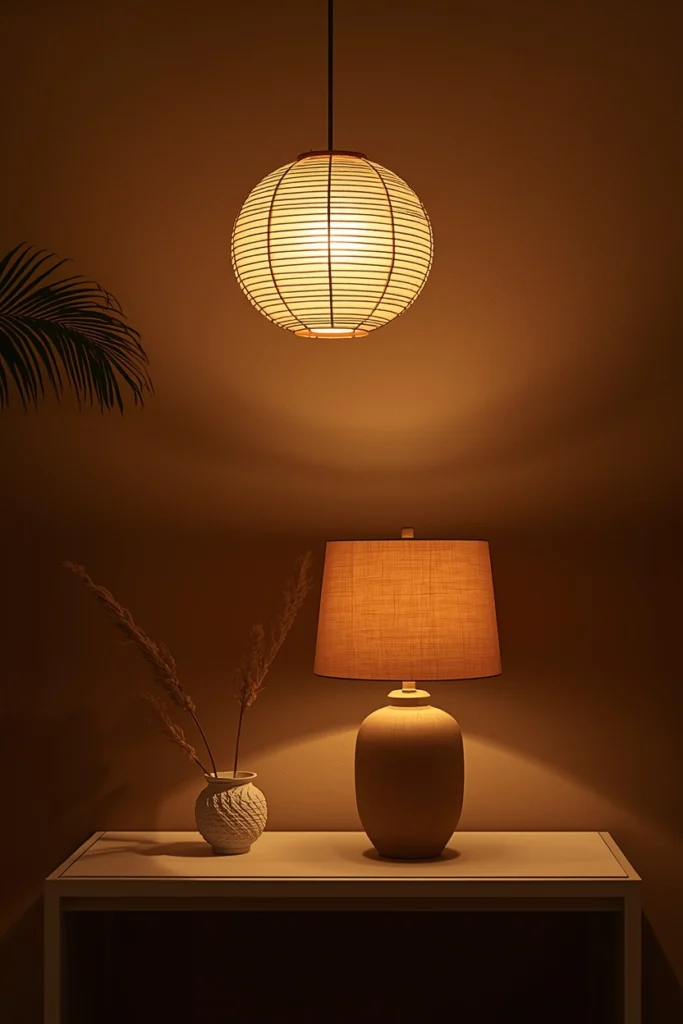 Japandi hallway layered lighting showing a washi paper Noguchi-style pendant above and a handmade ceramic stoneware lamp on the console below creating warm 2700K diffused light at two levels